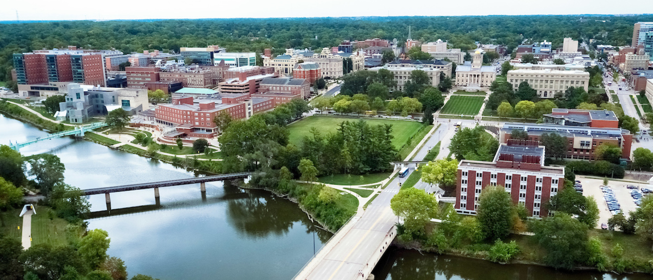 Aerial view of Iowa river and University of Iowa campus